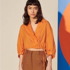 Sandro Orange Evana Side Tie Gathered Hem Crop Top